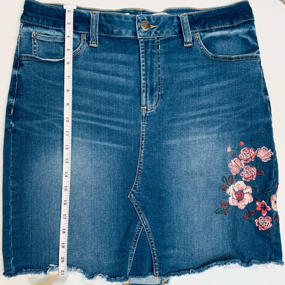 Seven7 Midi Embroidered Distressed Blue Jean Skirt
